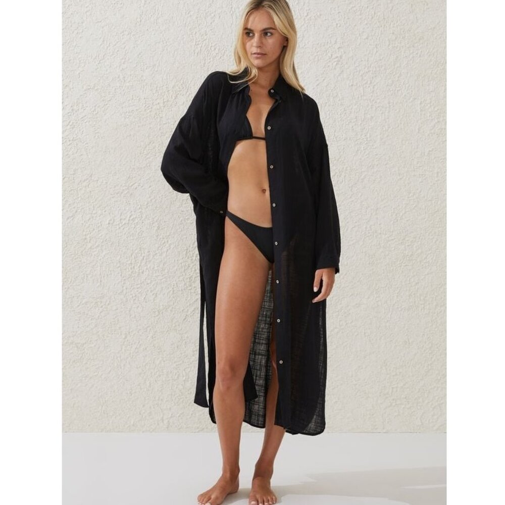 NWT Cotton On Women's Longline Tie Up Beach Shirt Black Size S $70 10HL176